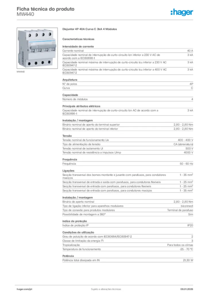 Imagem Hager Ficha técnica do produto MW440 | Hager Portugal