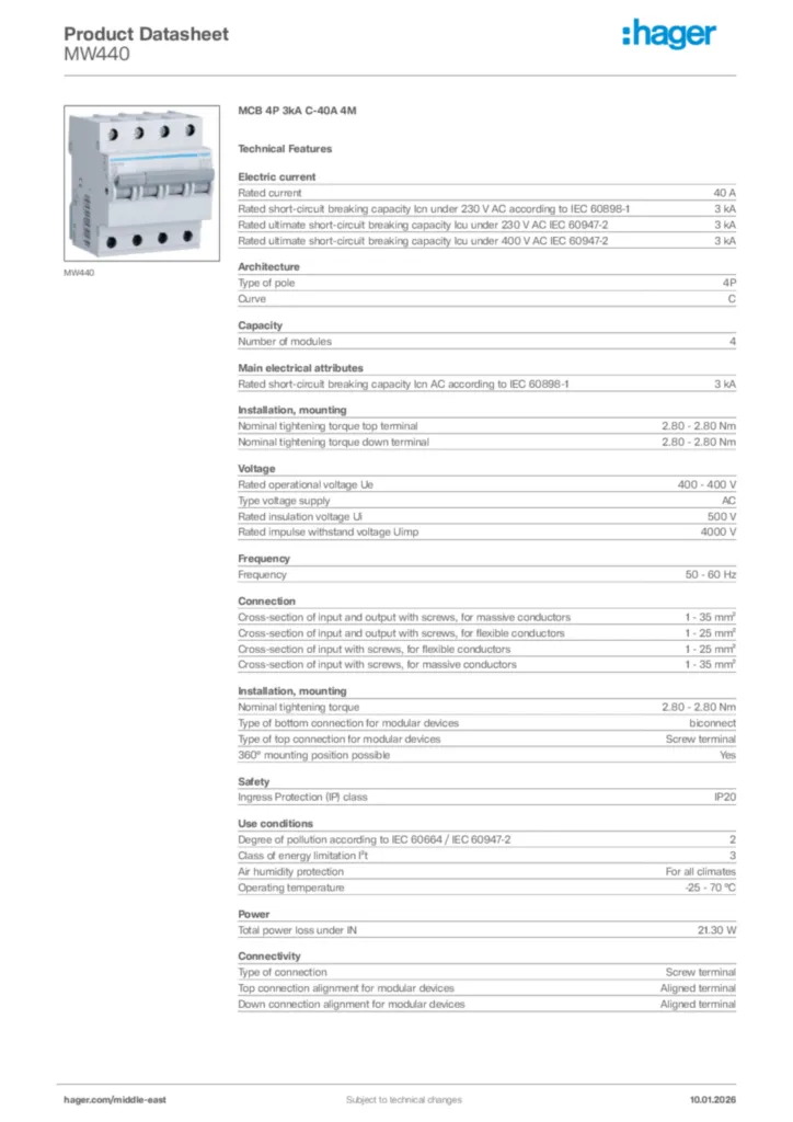 Image Hager Product data sheet MW440  | Hager