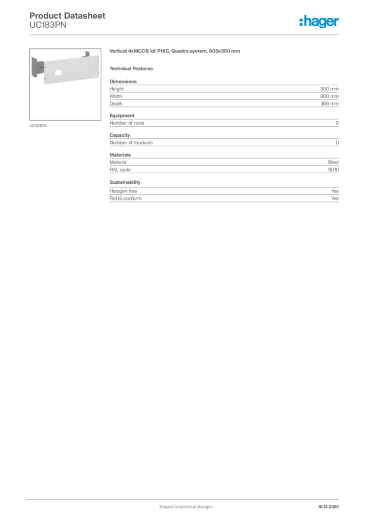 Image Hager Product data sheet UC183PN  | Hager Africa