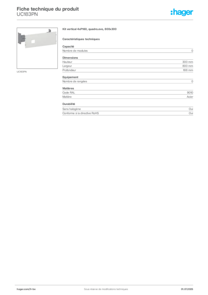 Image Hager Fiche technique du produit UC183PN | Hager Belgique