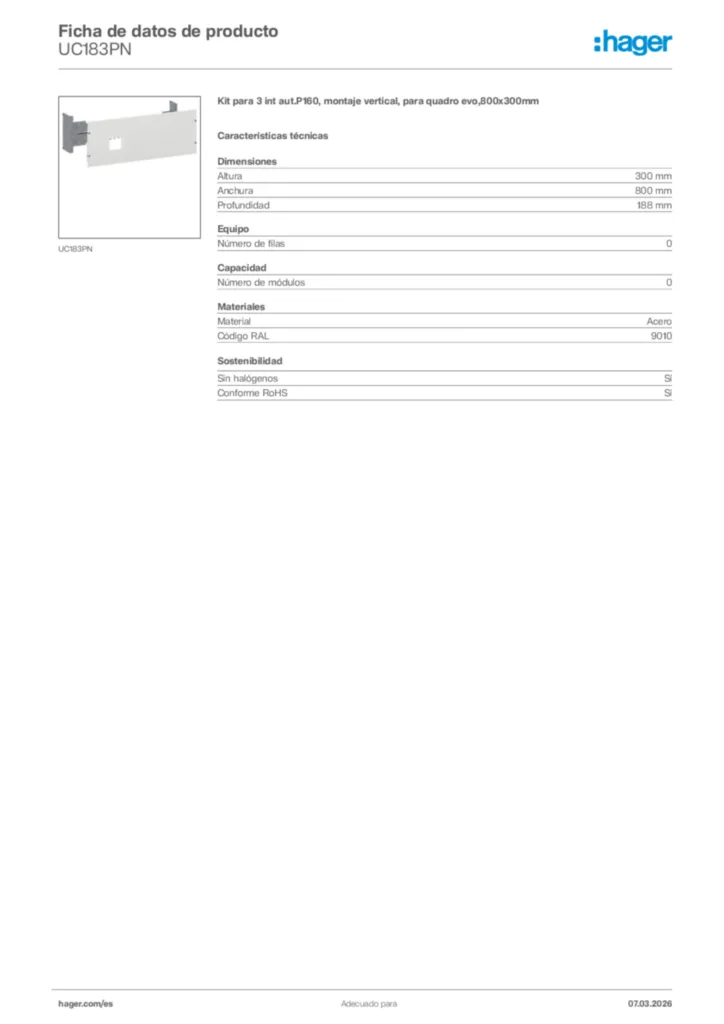 Imagen Hager Ficha de datos de producto UC183PN | Hager España