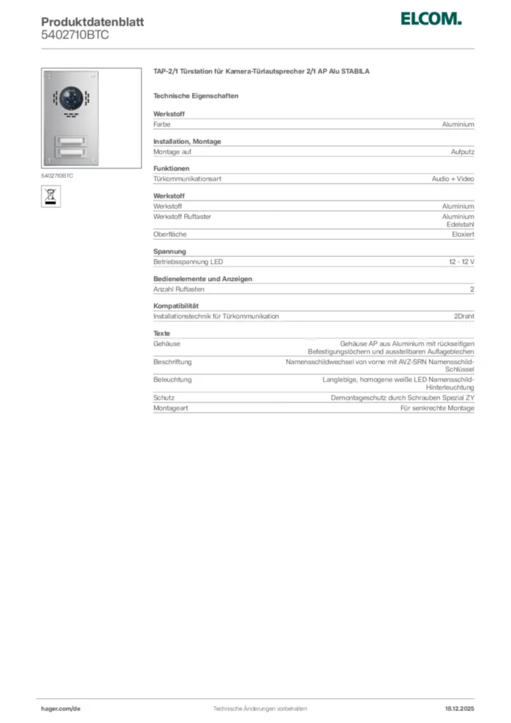 Bild Elcom Produktdatenblatt 5402710BTC | Hager Deutschland