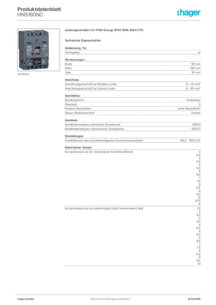 Bild Hager Produktdatenblatt HNS160NC | Hager Deutschland