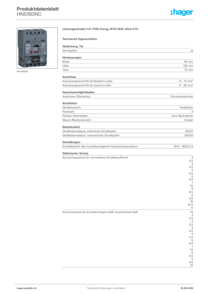 Bild Hager Produktdatenblatt HNS160NC | Hager Schweiz