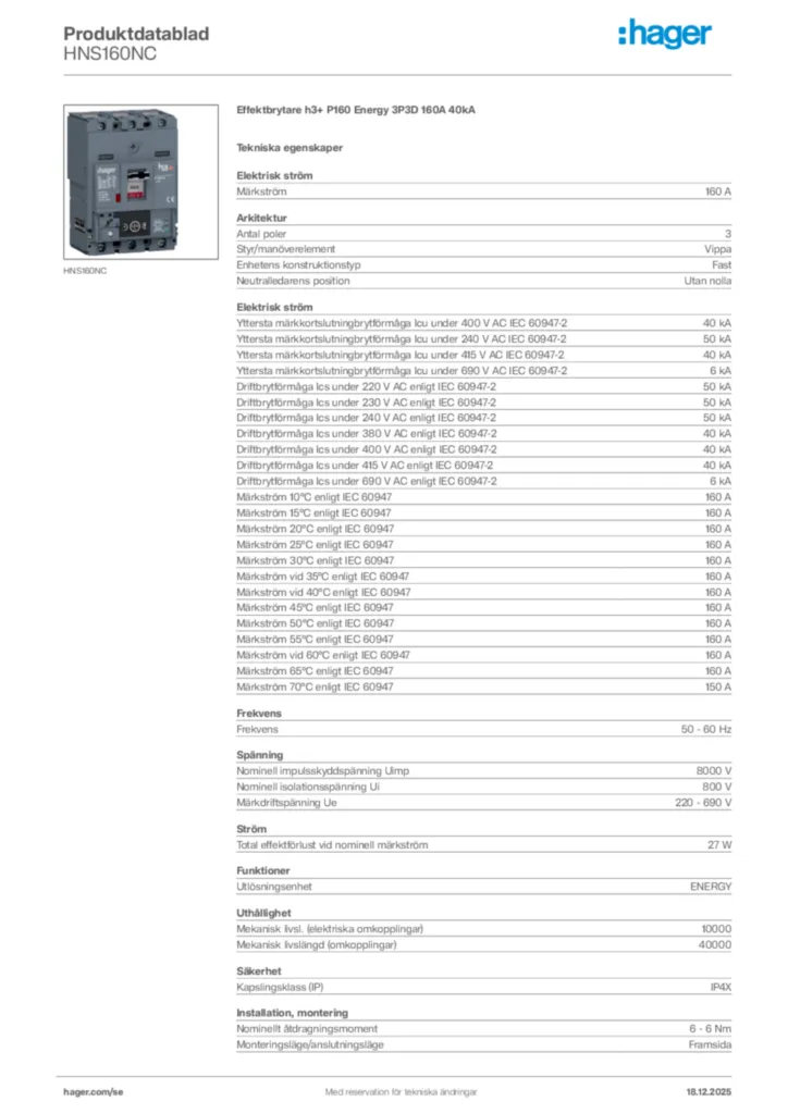 Bild Hager Produktdatablad HNS160NC | Hager Sverige