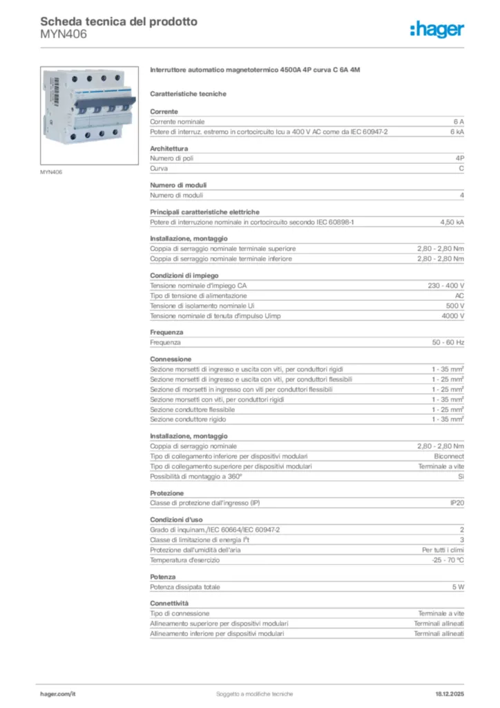 Immagine Hager Scheda tecnica del prodotto MYN406 | Hager Italia