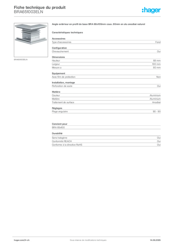 Image Hager Fiche technique du produit BRA651003ELN | Hager Suisse