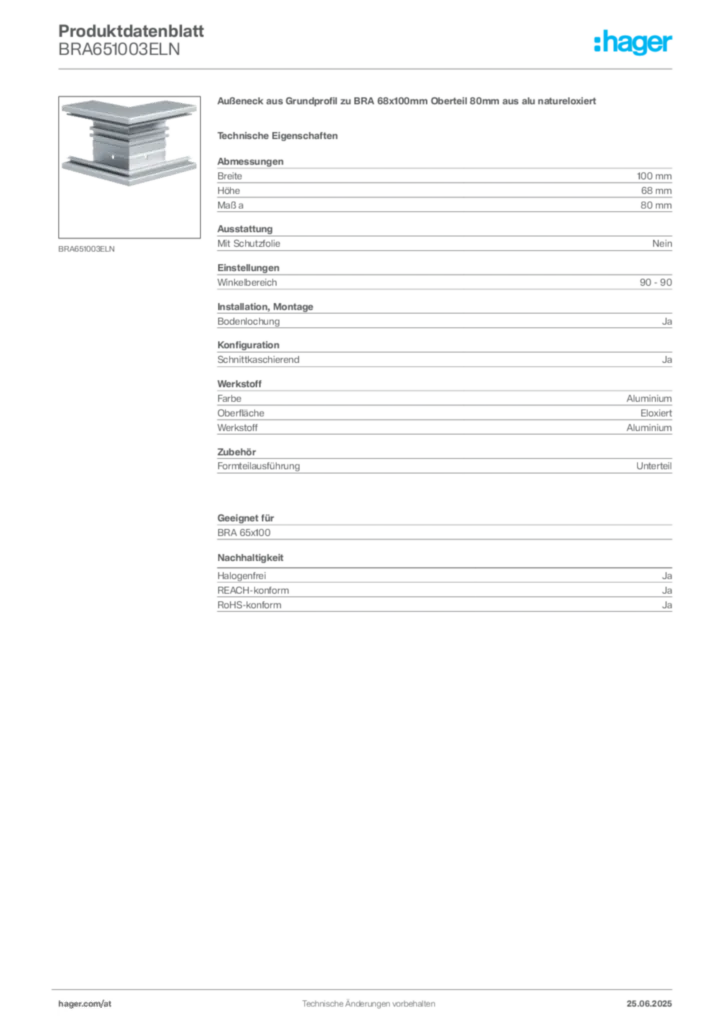 Bild Hager Produktdatenblatt BRA651003ELN | Hager Deutschland