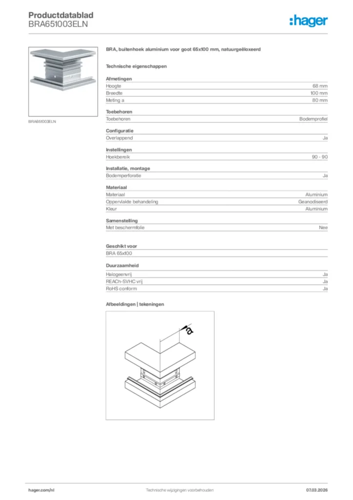 Afbeelding Hager Productdatablad BRA651003ELN | Hager Nederland