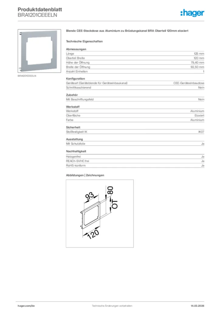 Bild Hager Produktdatenblatt BRA1201CEEELN | Hager Deutschland