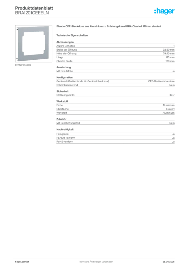 Bild Hager Produktdatenblatt BRA1201CEEELN | Hager Deutschland