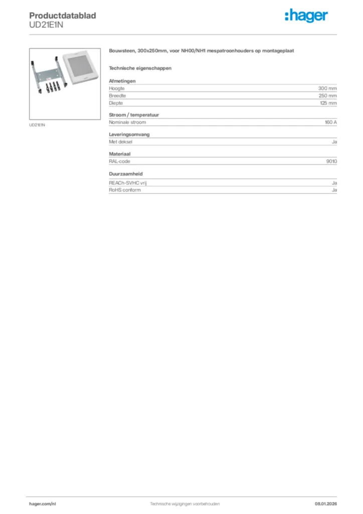 Afbeelding Hager Productdatablad UD21E1N | Hager Nederland