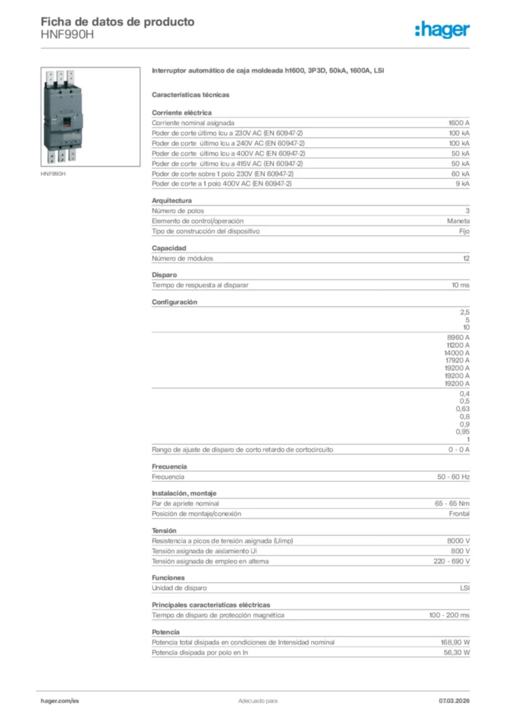 Imagen Hager Ficha de datos de producto HNF990H | Hager España