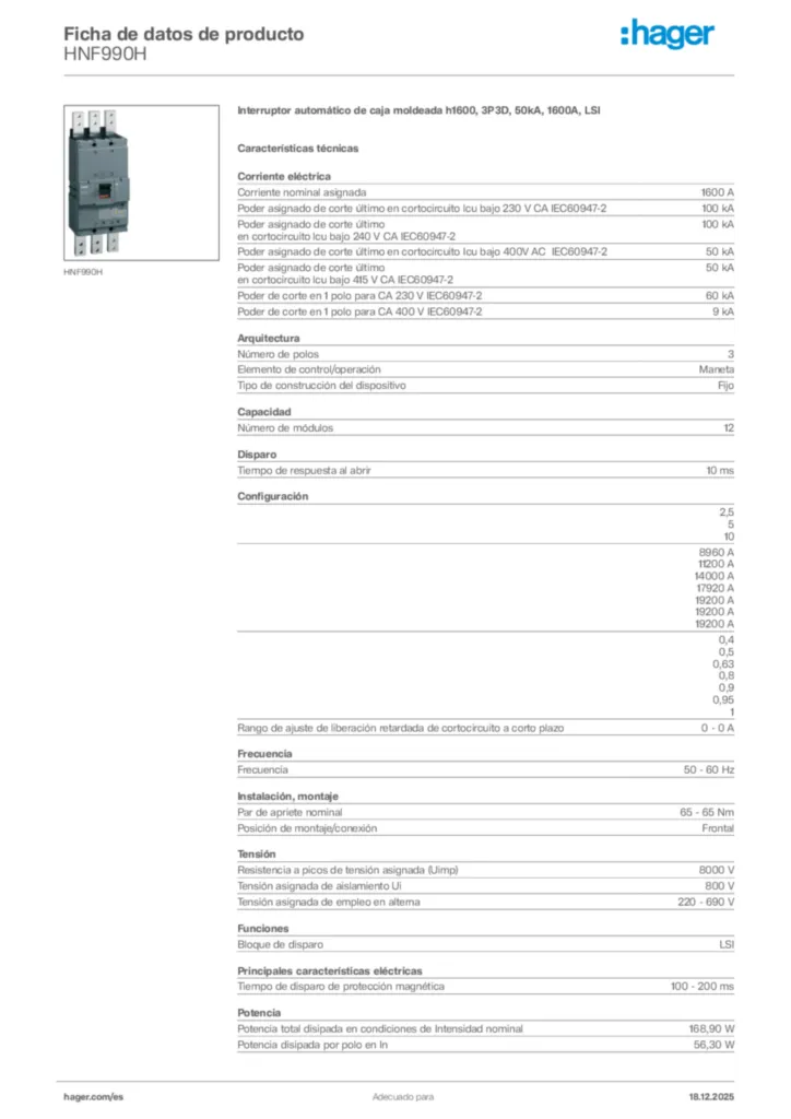 Imagen Hager Ficha de datos de producto HNF990H | Hager España