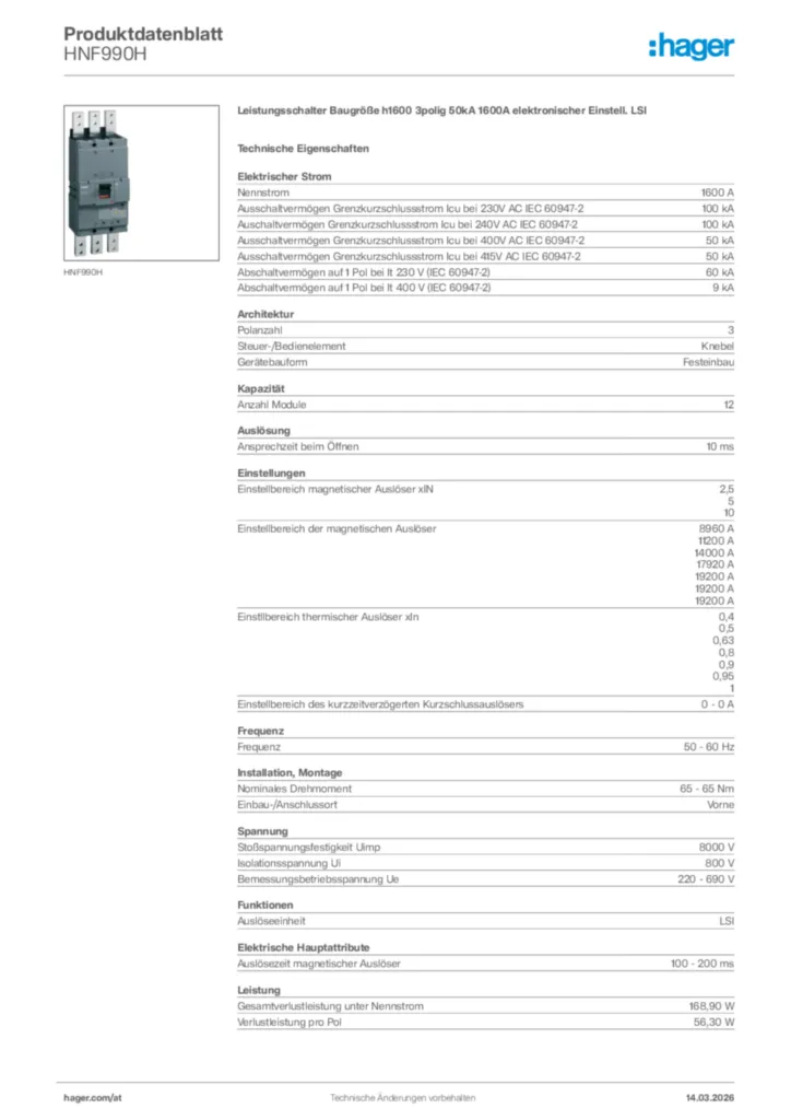 Bild Hager Produktdatenblatt HNF990H | Hager Deutschland
