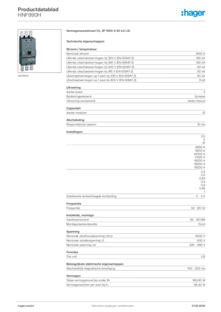 Afbeelding Hager Productdatablad HNF990H | Hager Nederland