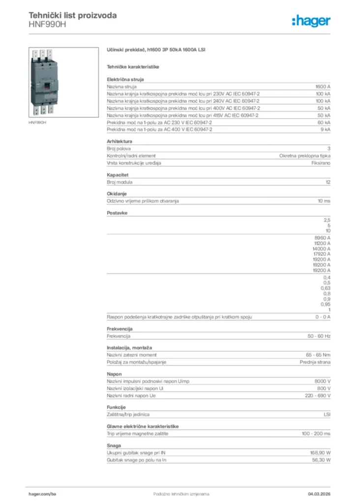 Slika Hager Tehnički list proizvoda HNF990H  | Hager