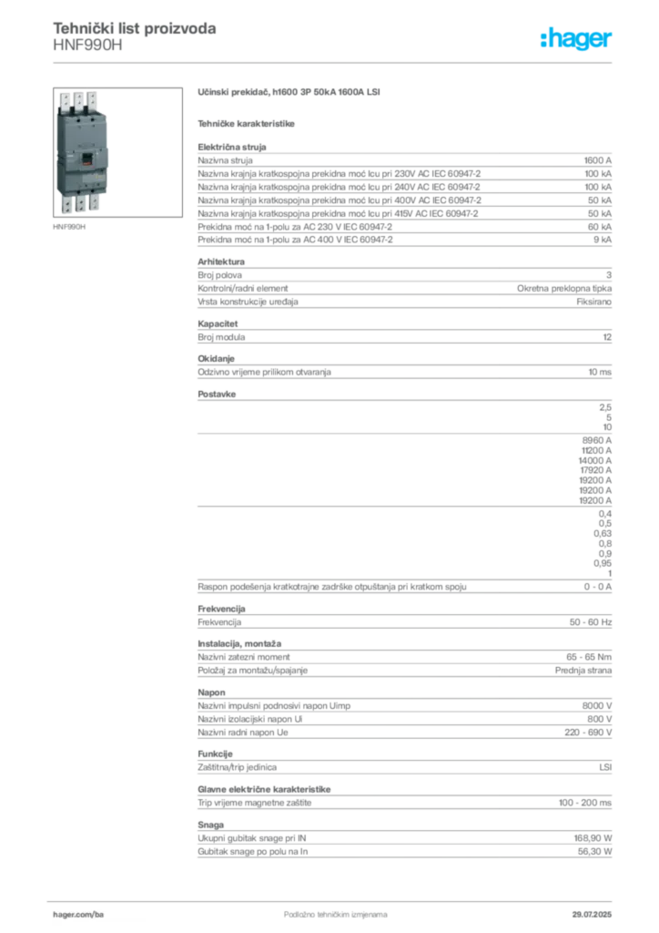 Slika Hager Product data sheet HNF990H  | Hager