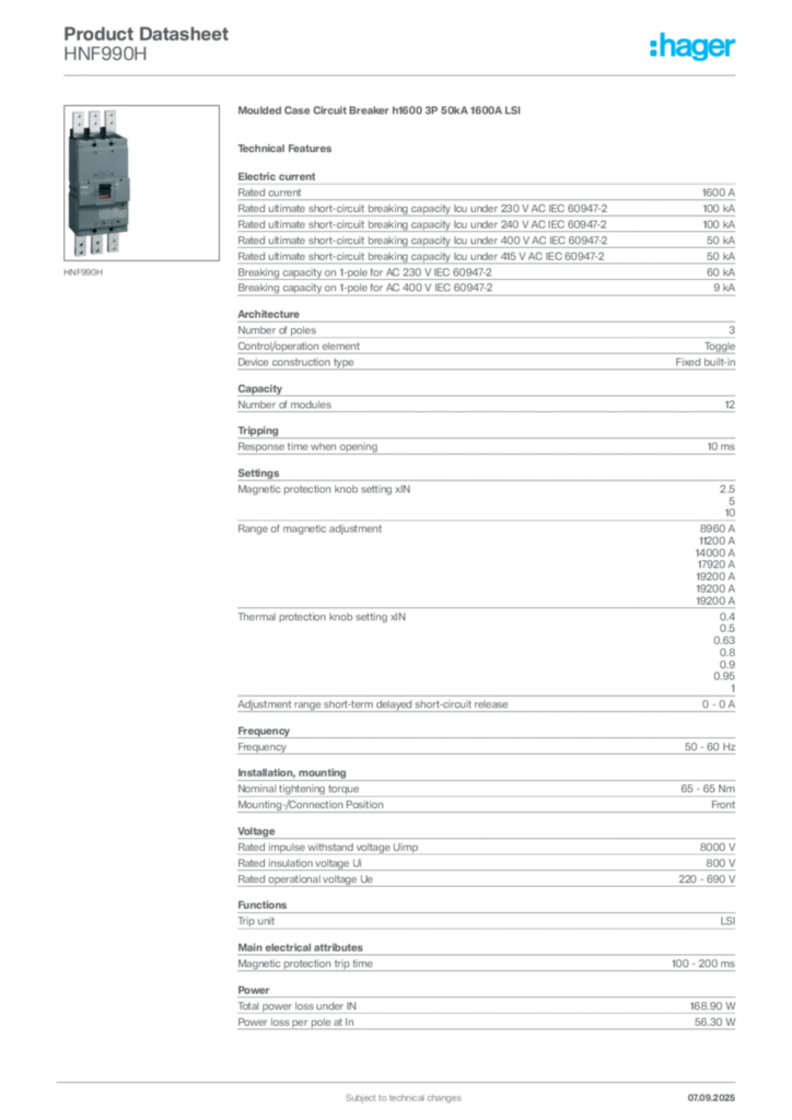 Image Hager Product data sheet HNF990H  | Hager