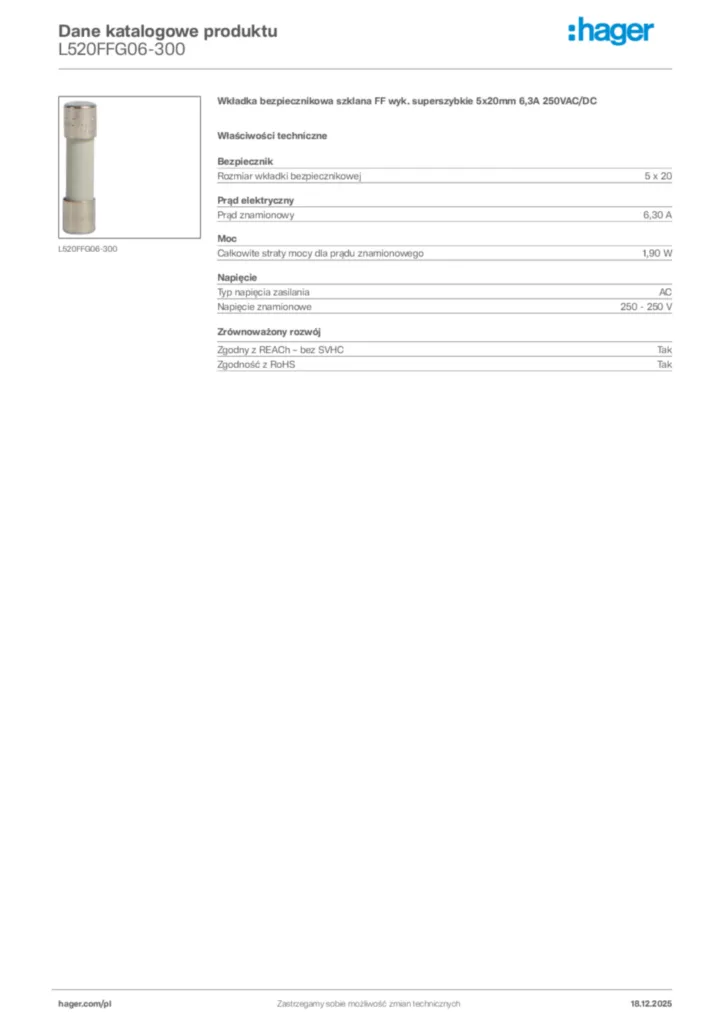 Zdjęcie Hager Karta katalogowa L520FFG06-300 | Hager Polska