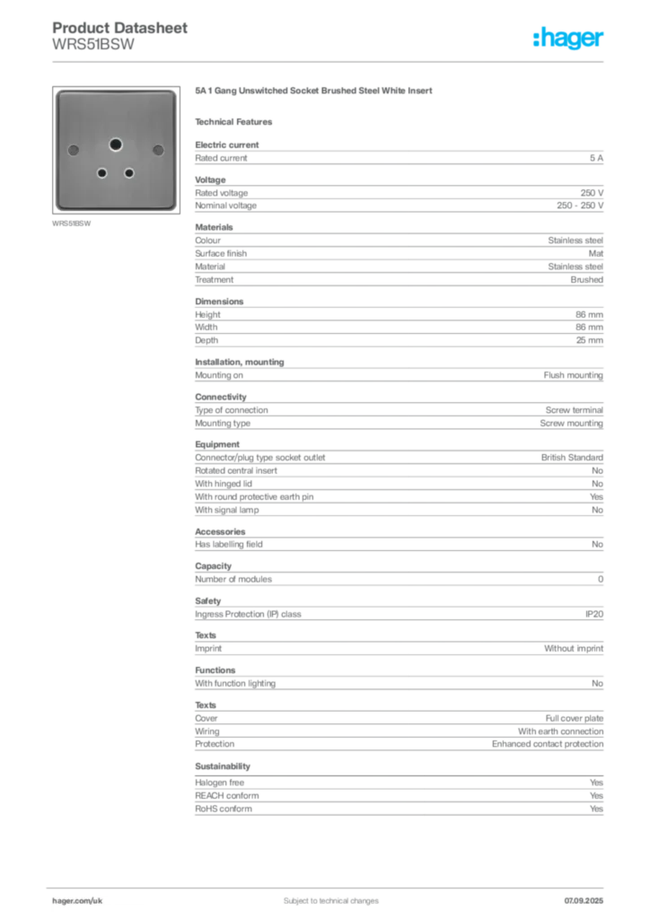 Image Hager Product data sheet WRS51BSW  | Hager