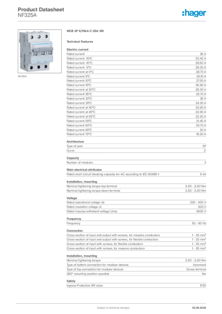 Image Hager Product data sheet NF325A  | Hager Africa
