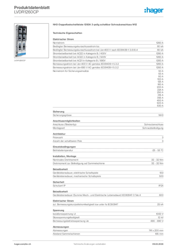 Bild Hager Produktdatenblatt LVDR1260CP | Hager Schweiz
