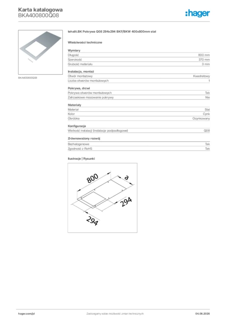 Zdjęcie Hager Karta katalogowa BKA400800Q08 | Hager Polska