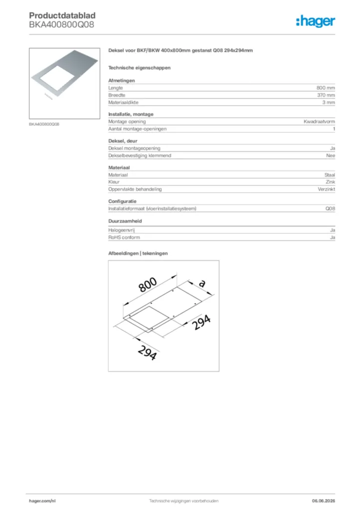 Afbeelding Hager Productdatablad BKA400800Q08 | Hager Nederland