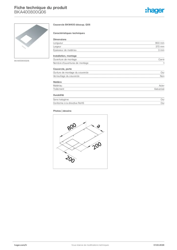 Image Hager Fiche technique du produit BKA400800Q06 | Hager France