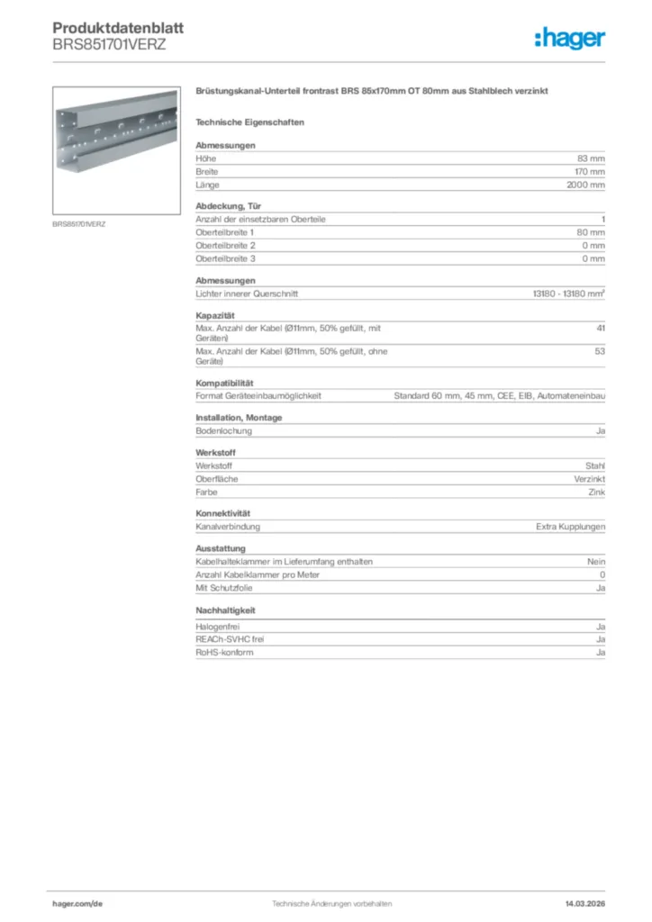 Bild Hager Produktdatenblatt BRS851701VERZ | Hager Deutschland