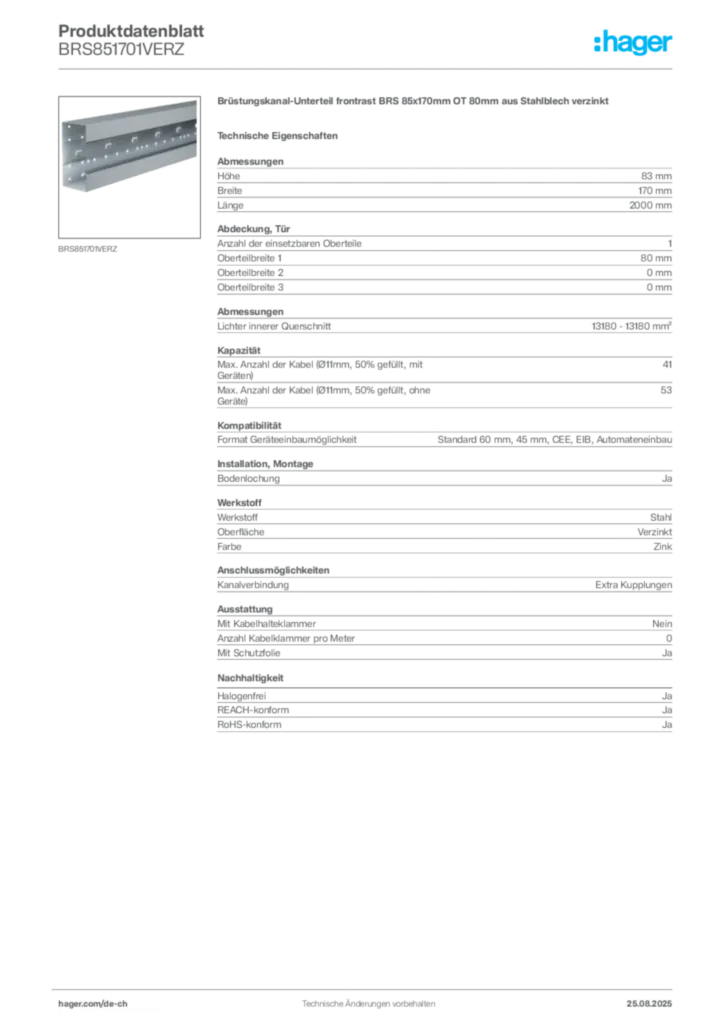 Bild Hager Produktdatenblatt BRS851701VERZ | Hager Schweiz