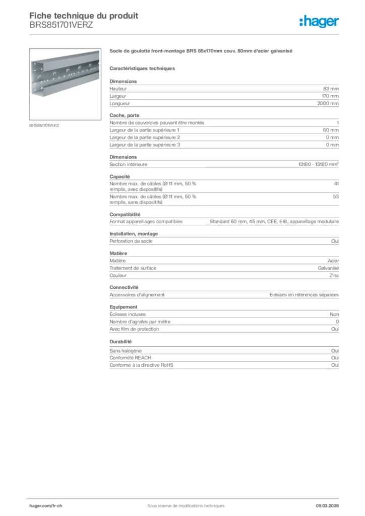 Image Hager Fiche technique du produit BRS851701VERZ | Hager Suisse