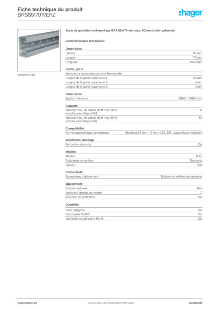Image Hager Fiche technique du produit BRS851701VERZ | Hager Suisse