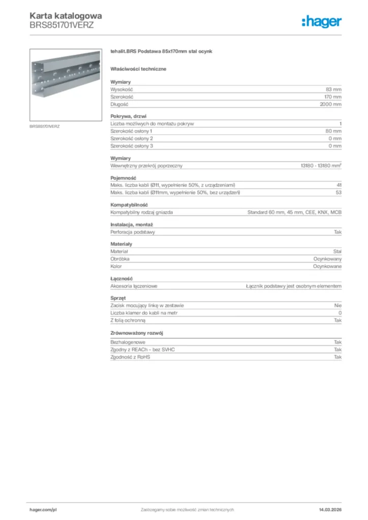 Zdjęcie Hager Karta katalogowa BRS851701VERZ | Hager Polska