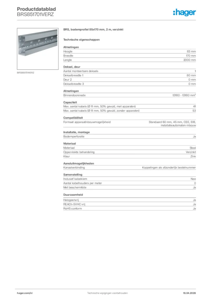 Afbeelding Hager Productdatablad BRS851701VERZ | Hager Nederland