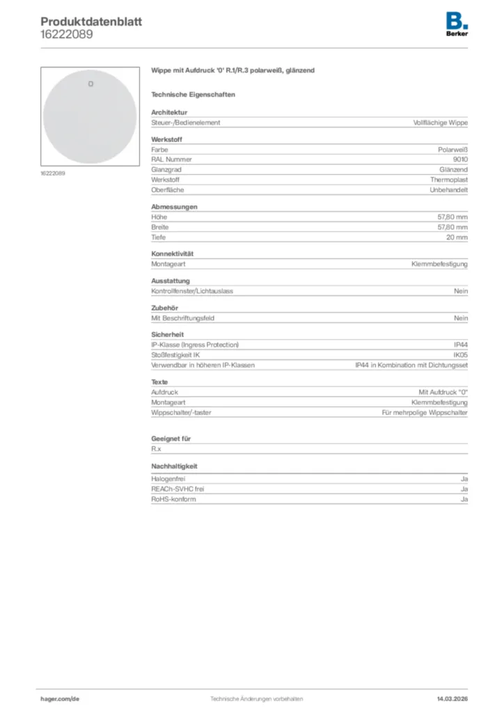 Bild Berker Produktdatenblatt 16222089 | Hager Deutschland
