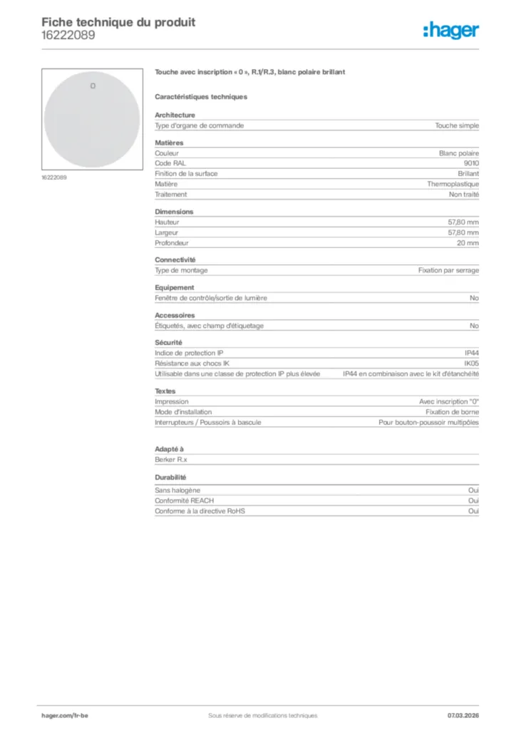 Image Hager Fiche technique du produit 16222089 | Hager Belgique