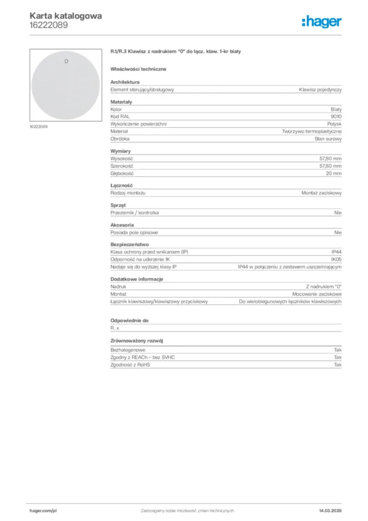 Zdjęcie Hager Karta katalogowa 16222089 | Hager Polska