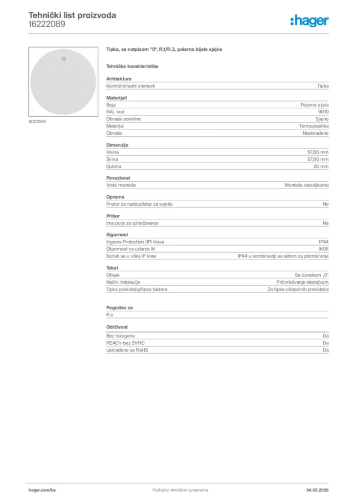 Slika Hager Tehnički list proizvoda 16222089  | Hager