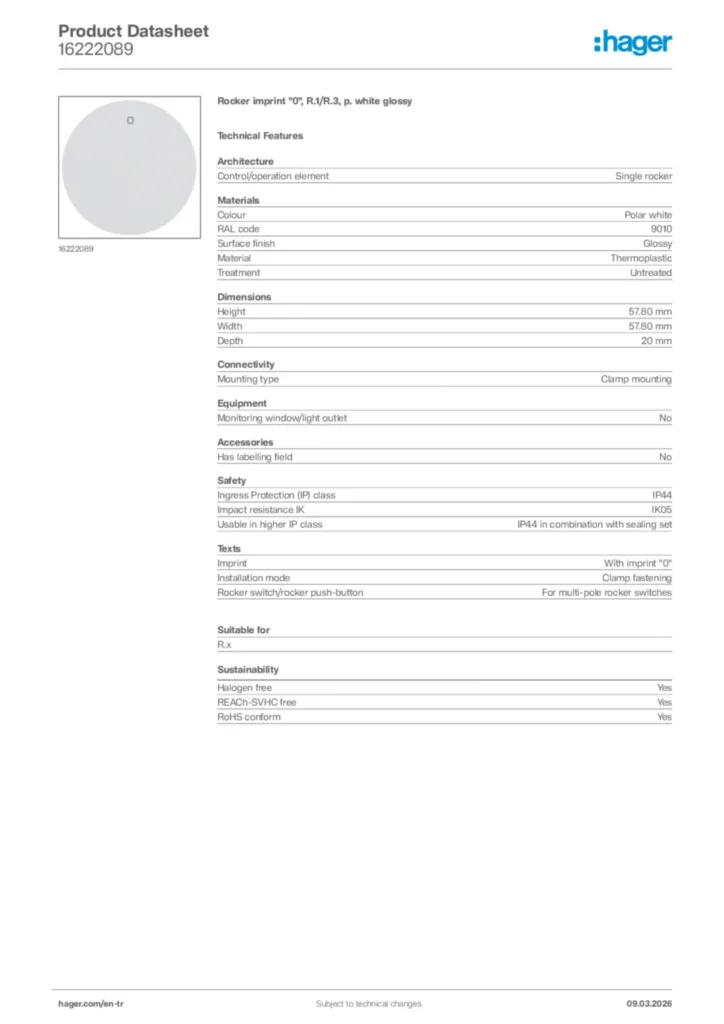 Image Hager Product data sheet 16222089  | Hager