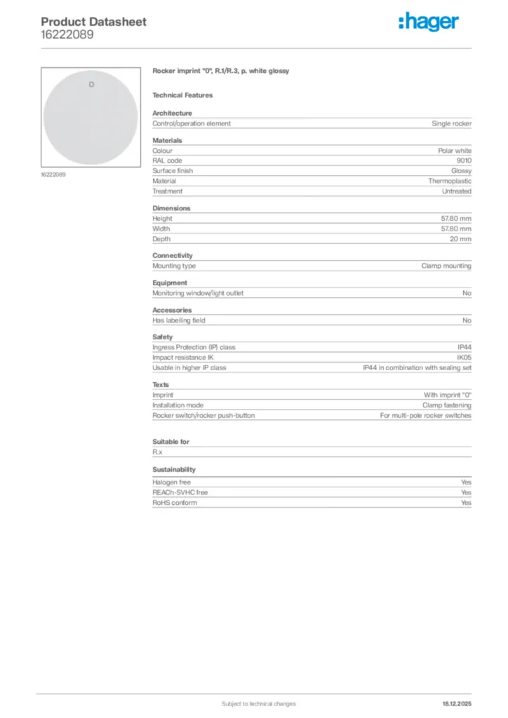 Image Hager Product data sheet 16222089  | Hager