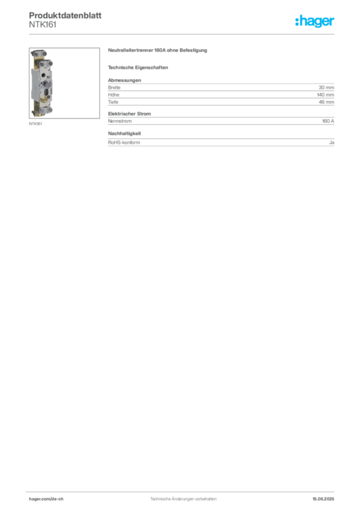 Bild Hager Produktdatenblatt NTK161 | Hager Schweiz