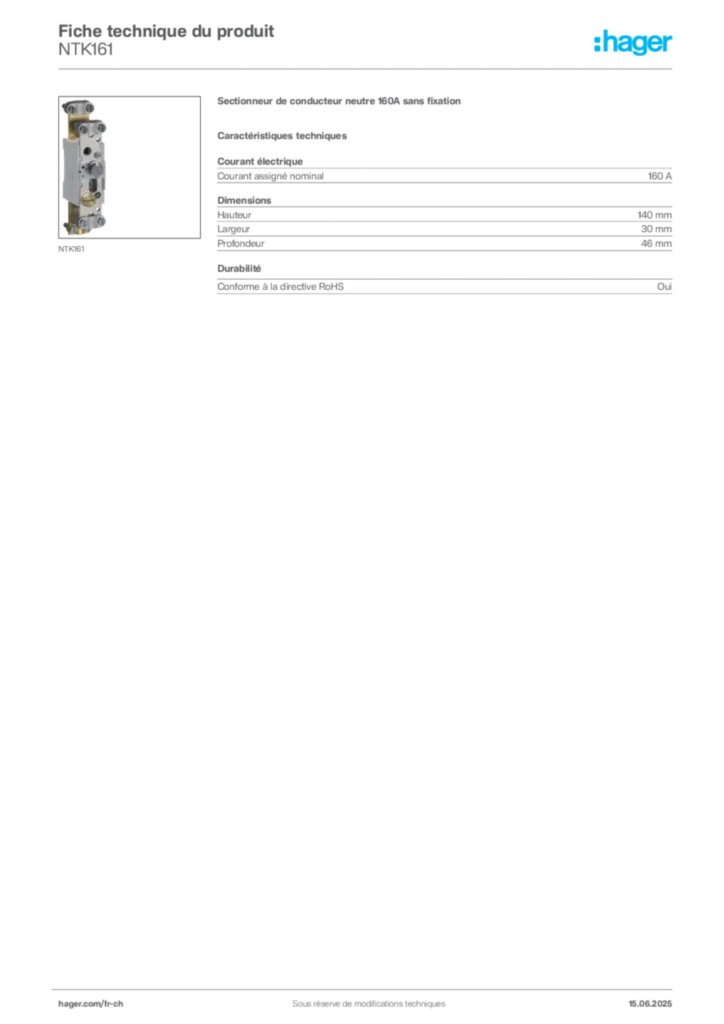Image Hager Fiche technique du produit NTK161 | Hager Suisse