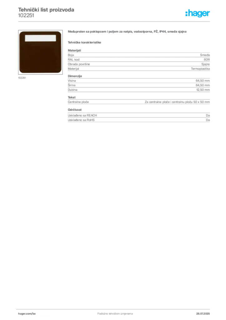 Slika Hager Product data sheet 102251  | Hager