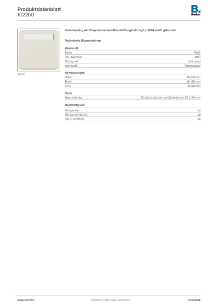 Bild Berker Produktdatenblatt 102250 | Hager Deutschland