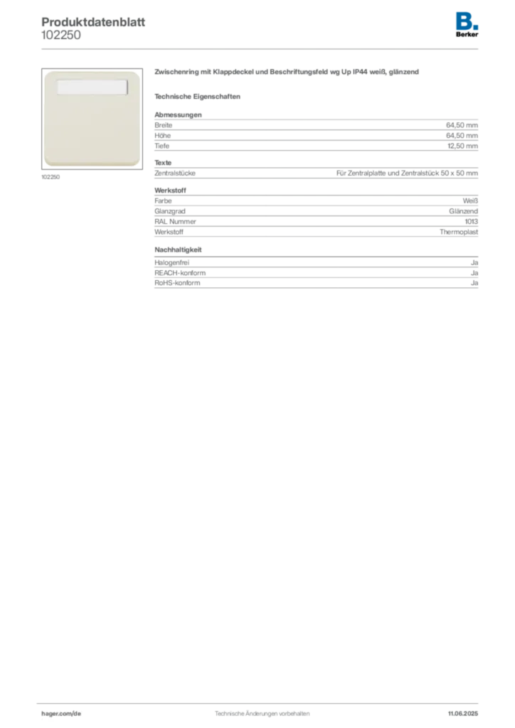 Bild Berker Produktdatenblatt 102250 | Hager Deutschland