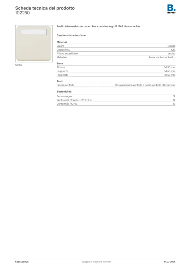 Immagine Berker Scheda tecnica del prodotto 102250 | Hager Italia
