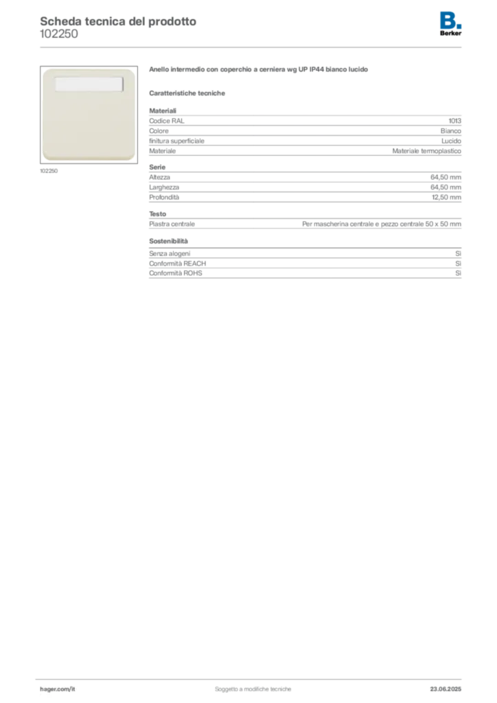 Immagine Berker Scheda tecnica del prodotto 102250 | Hager Italia