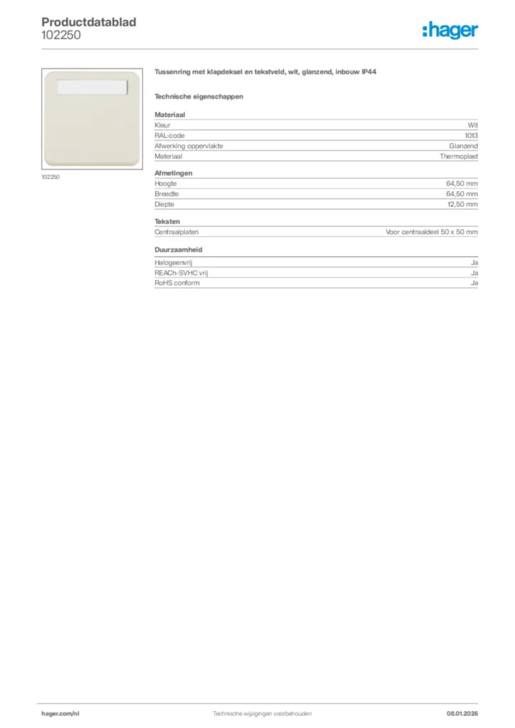 Afbeelding Hager Productdatablad 102250 | Hager Nederland